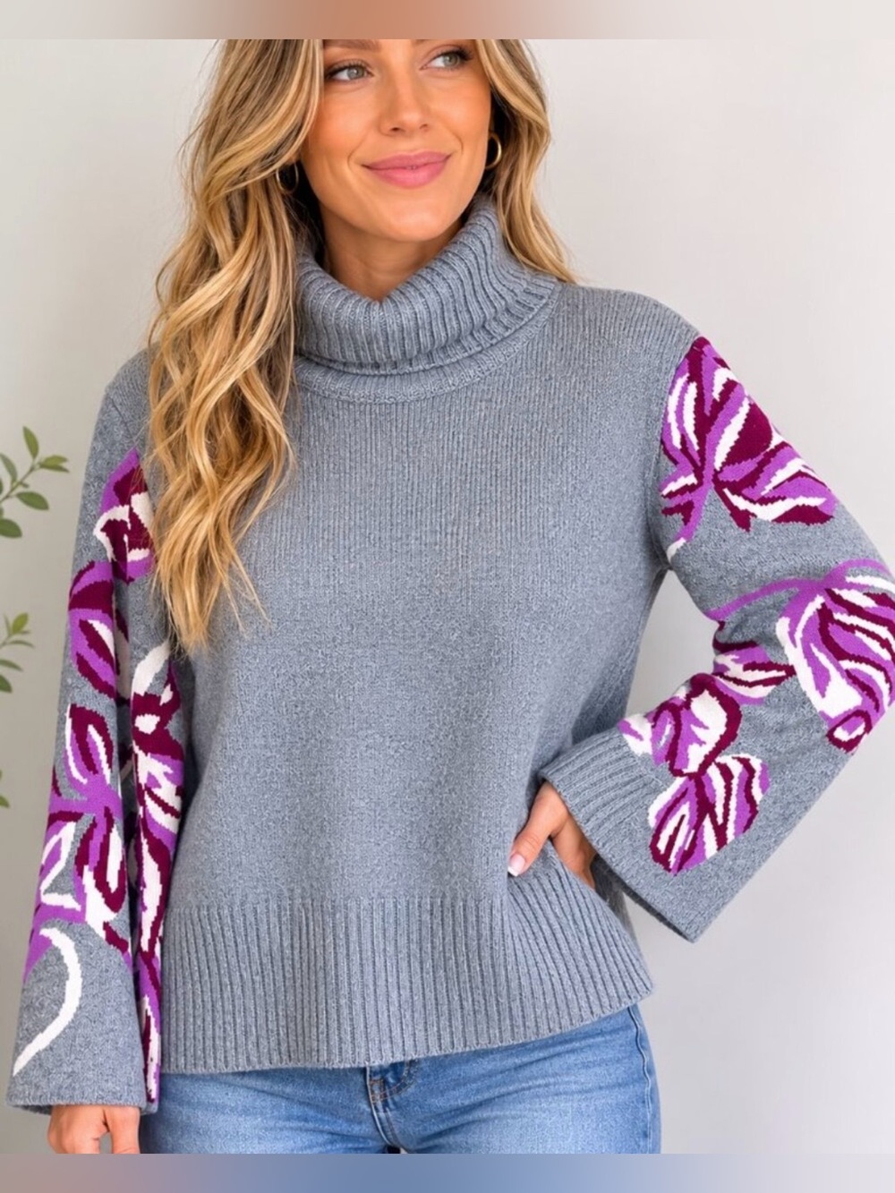 Cabi Eden Bell Sleeve Turtleneck Floral Grey Sweater Preppy Statement